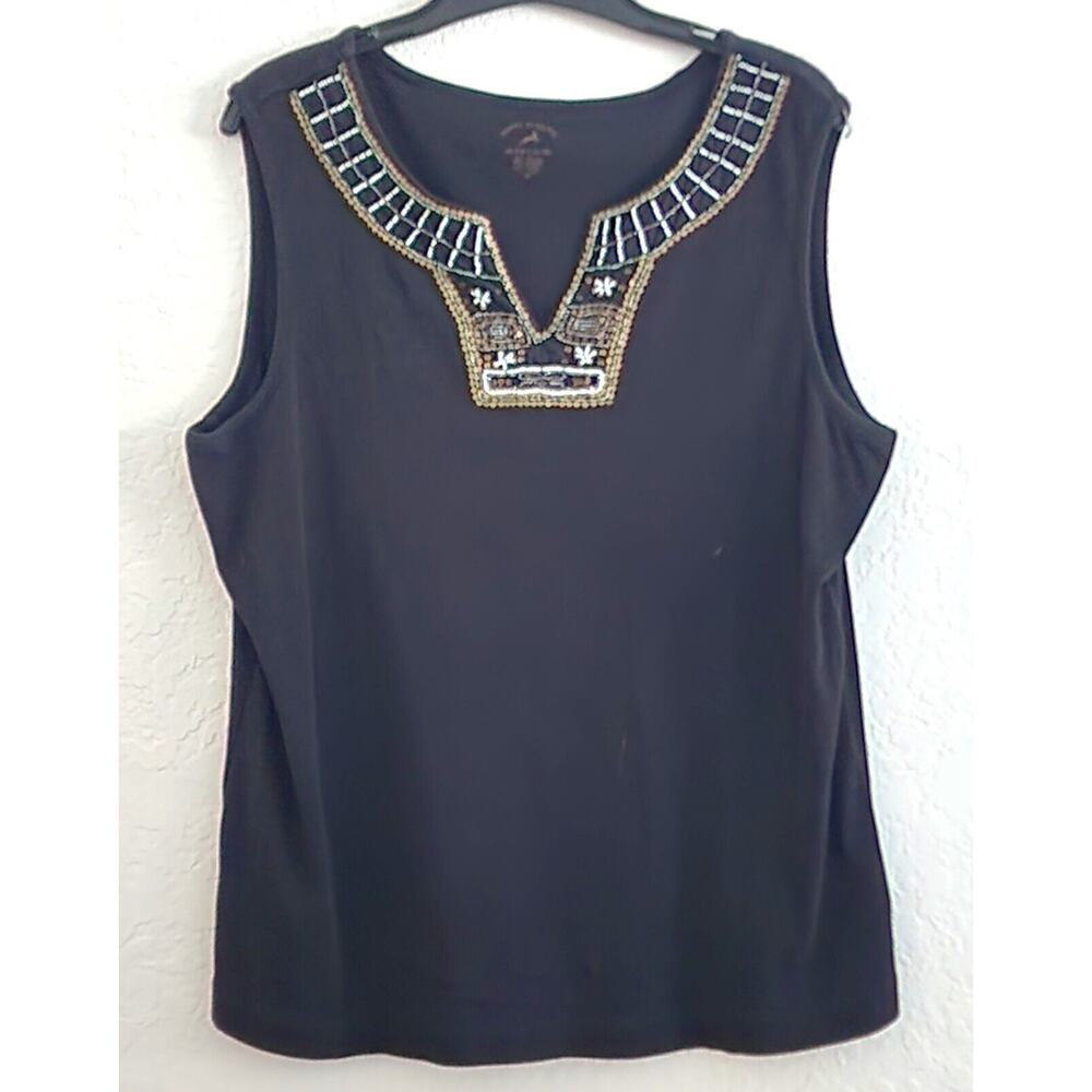 Top/Blouse-White Stag Tee-Black-Beaded-V-Neck-Sleeveless-Cotton-Size XL